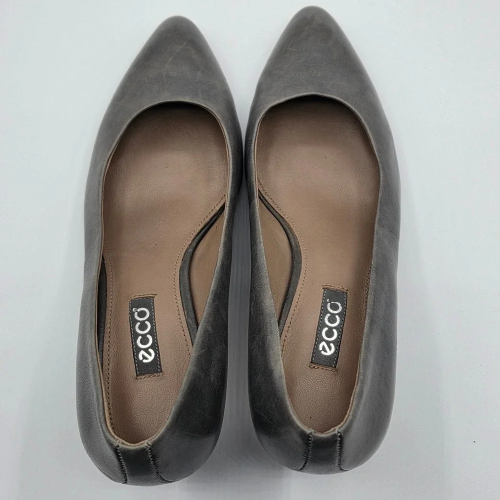 ECCO Pumps Womens Size 8-8.5 Grey Pointed Toe Leather Kitten‎ Heel 3